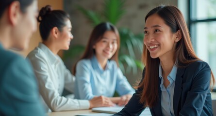 business meeting businesswoman woman young office portrait colleague group teamwork seminar businessperson startup creative training friendly asian japanese