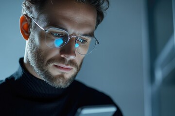 Obraz premium A man with glasses and a beard intently reads a smartphone screen in low light.