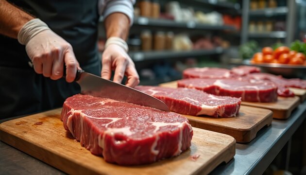 Butcher cuts fresh raw meat steaks on timber board in grocery store. Preparing beef, pork meat. Hands in gloves with knife. Meat production industry, meat food preparation process.