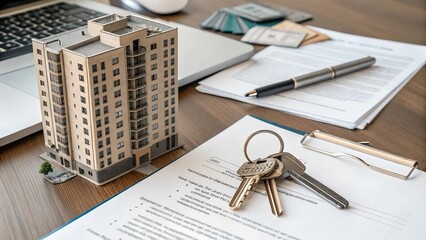 A real estate transaction concept featuring a miniature apartment building, house keys, and signed documents on a wooden desk. Business, mortgage, property investment, and financial planning theme.