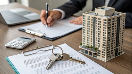 A businessman signing real estate documents with a miniature apartment building and house keys on the desk. Concept of property investment, mortgage, and home purchase.