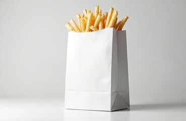 Golden french fries in white paper bag on white table. Takeaway fast food snack. Fried potatoes in a paper container, simple studio shot, minimalist design, greasy junk food.