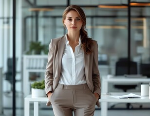 Fototapeta premium Businesswoman, young woman of European appearance, confident, professional, with natural makeup and well-groomed hair, in a business modern office environment. 