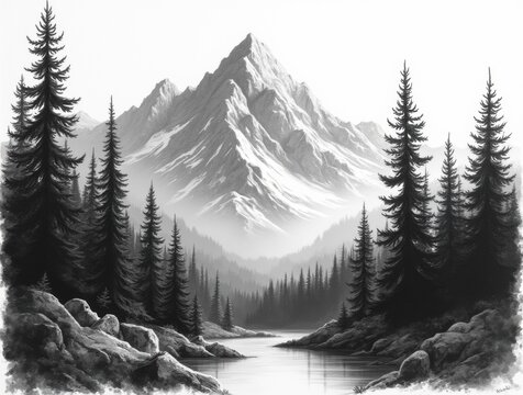 majestic mountain landscape with a dense pine forest in the foreground sketch engraving generative ai fictional character raster illustration. Scratch board imitation. Black and white image.