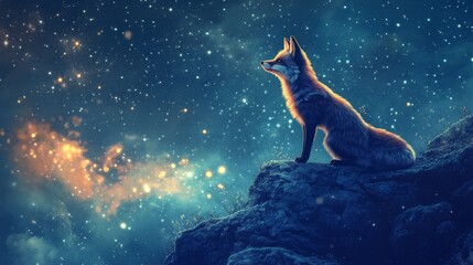 Celestial fox glowing with starlight, standing on cosmic cliff, blending wildlife with cosmic presence