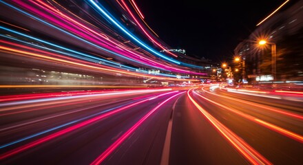 A long exposure photo of a busy city street at night with neon lights, car streaks, and vibrant colors in pink, blue, and orange, creating a dynamic, abstract, and energetic atmosphere.

