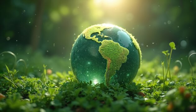 AI vision of green planet. Globe with moss-covered continents resting in grass. Digital design conveys environment responsibility, sustainability insights for Earth in 2025. ESG strategy, nature