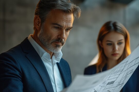 A mature businessman and a young woman review architectural blueprints together, showing collaboration and design discussion.