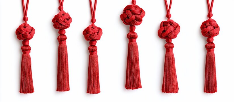 Red knotted tassels on white background; Asian decor, website design