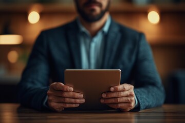 Professional man holding a tablet while sitting at a wooden table in a cozy indoor setting during the evening
