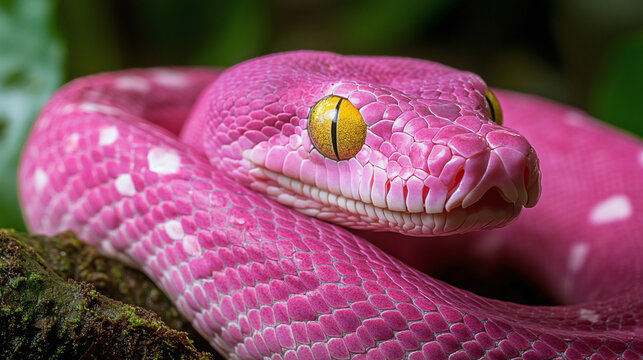 Macro shot of a pink python snake in the jungle.