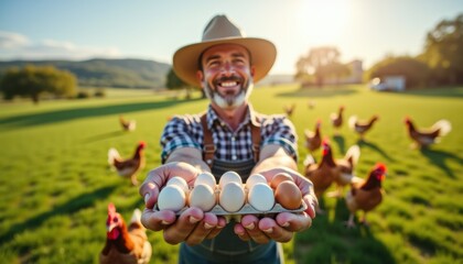 Fototapeta premium Happy farmer showing fresh eggs with pride, with a green pasture and chickens roaming freely, in a vibrant countryside scene with bright midday sunlight, wide-angle shot, and a cheerful and inviting m