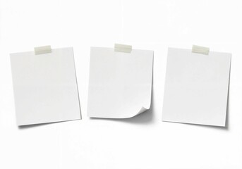 Three blank paper sheets secured with sticky tape on a clean white background