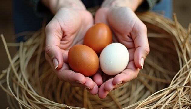 Hands holding brown and white eggs, with a straw nest visible in the background, in a traditional farming aesthetic with soft directional lighting and high detail on egg texture, creating a simple and