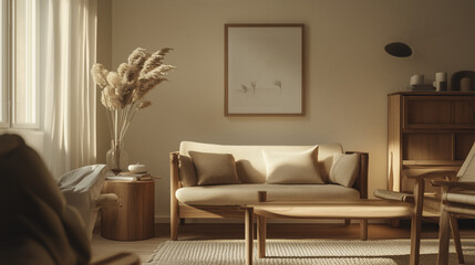 Elegant Frame Mockup Displayed in a Serene Scandinavian Living Room Featuring Light Wooden Furniture, Soft Textiles, and Minimalist Decor, Creating a Calming and Inviting Atmosphere