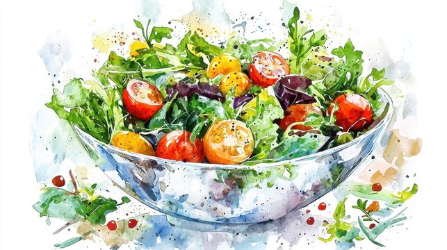 A vibrant bowl filled with a variety of fresh greens and cherry tomatoes showcases an artistic watercolor style. This colorful salad is perfect for healthy eating