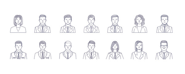 Linear flat icons set of diverse professional portrait avatars - vector style.