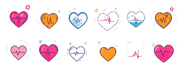 Flat ecg heart icons set with various styles and colors - vector illustration.