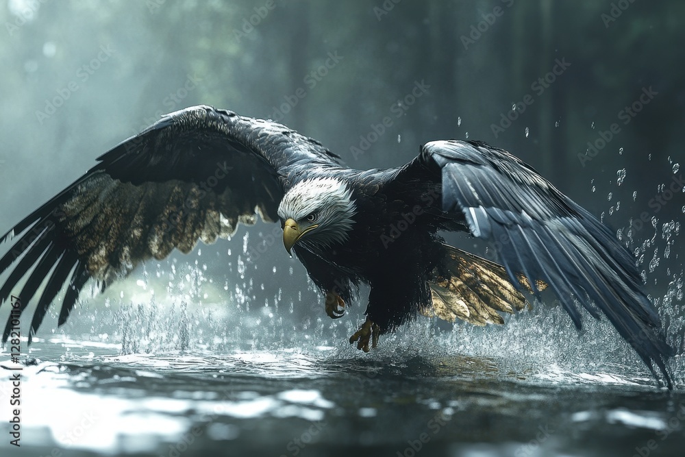 Poster Eagle gracefully soars above a shimmering lake, creating ripples as it hunts during early morning hours in a tranquil forest setting