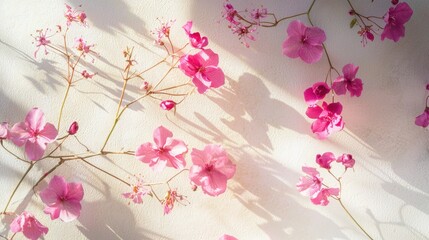 Vibrant pink flowers spread across a light wall, their shadows dancing in the morning light. The scene captures nature's beauty in a serene setting, inviting calmness and reflection