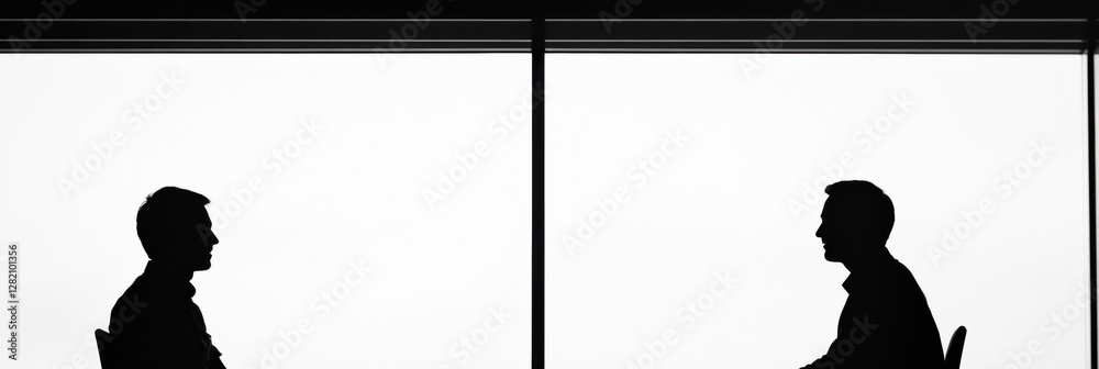 Poster conversations between two executives at a modern office during daytime with natural light and minima