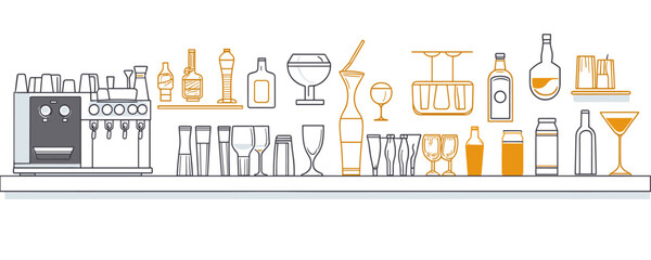 Flat linear icons set of barware and drinks essentials vector art.