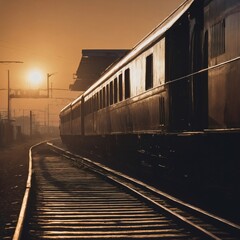 Fototapeta premium Train at Golden Sunset A nostalgic railway scene with a train gliding through tracks at sunset, bathed in warm golden light, evoking wanderlust.