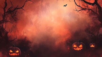 Halloween pumpkins glowing in a spooky forest at night