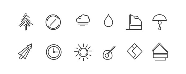 Weather and time icons set in linear flat style - vector illustrations.
