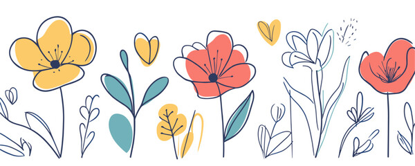 Flat floral icons set with linear style – colorful flowers and leaves vector art.