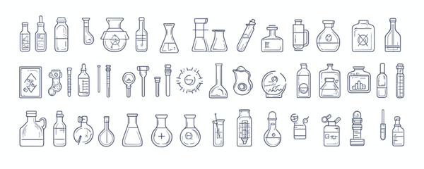 Linear flat chemistry icons set featuring laboratory equipment and chemical bottles.