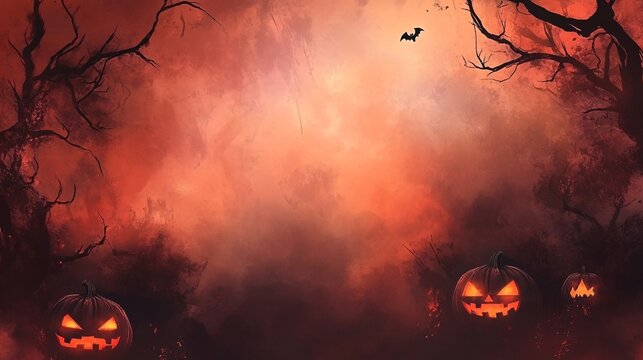 Halloween pumpkins glowing in a spooky forest at night - Powered by Adobe