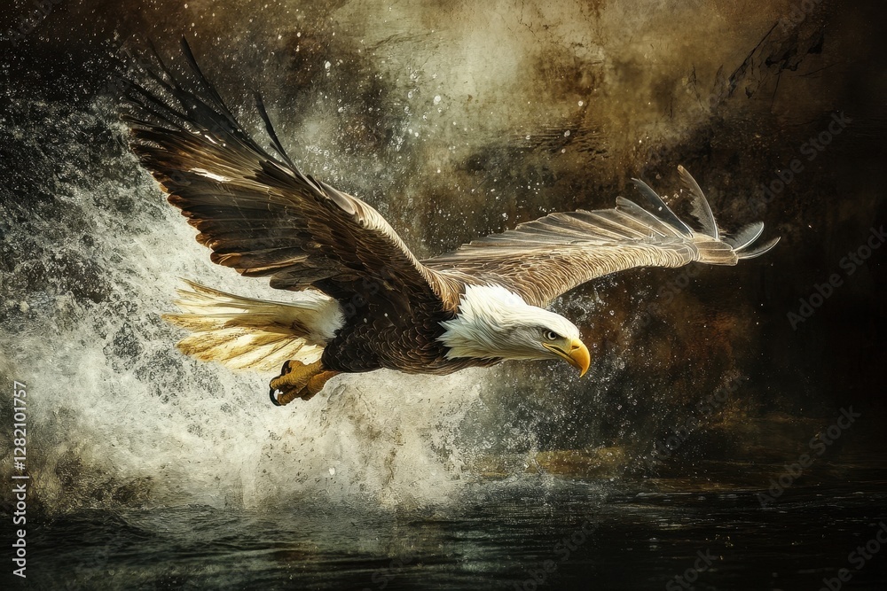 Poster Eagle gracefully soars above a shimmering lake, creating ripples as it hunts during early morning hours in a tranquil forest setting