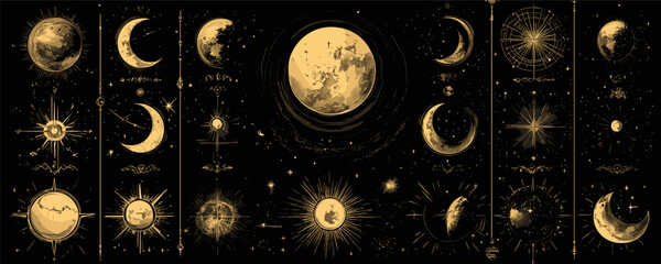 Celestial icons set in linear flat style depicting phases of the moon with stars and sun.