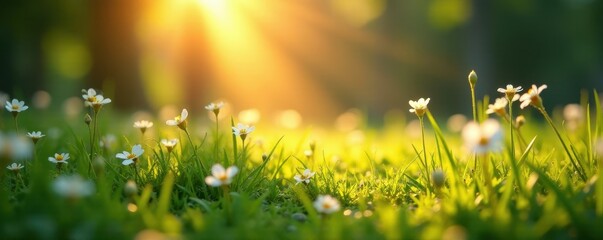 Obraz premium Radiant sunbeams dancing across dewy grass and flowers in a peaceful environment, scenery, natural