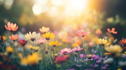 Obraz premium colorful field of blooming flowers in vibrant sunlight, dynamic and cheerful composition, textured and natural design, bold and radiant tones