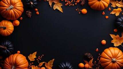 Halloween frame made with pumpkins and autumn leaves on black background