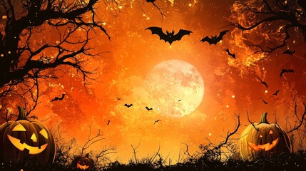 Halloween pumpkins under full moon and flying bats background