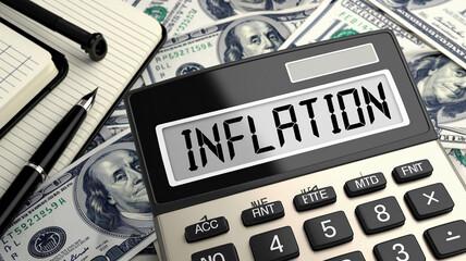 Close-up of a financial calculator showing the word "INFLATION," surrounded by U.S. dollar bills, symbolizing economic calculations, financial planning, and the effects of inflation on money.