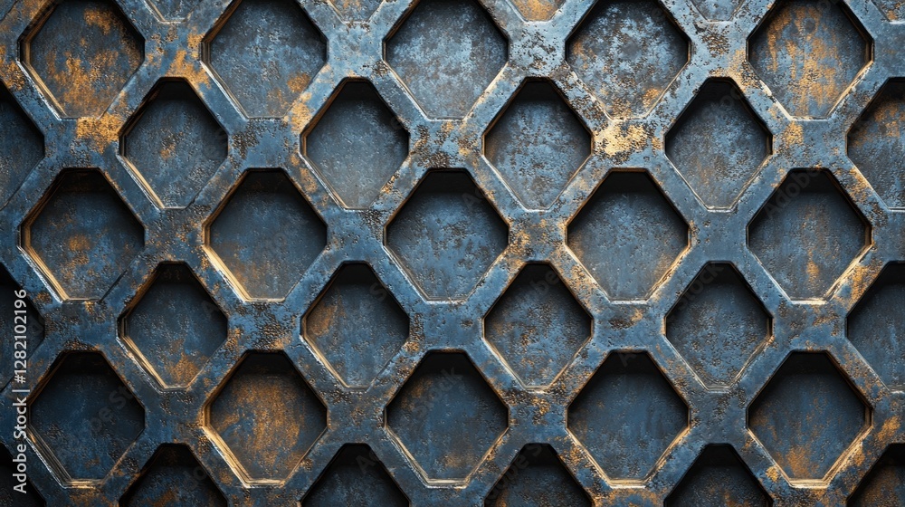 Poster A captivating design features an intricate hexagon pattern crafted from dark metal mesh, showcasing a blend of textures and colors.