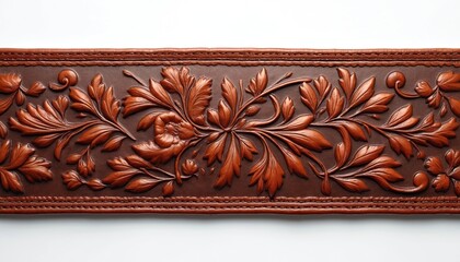 Intricately crafted brown leather belt features ornate floral embossing on white background. Hand-made stylish classic accessory for western rustic decor. Unique decorative tooling art with elegant