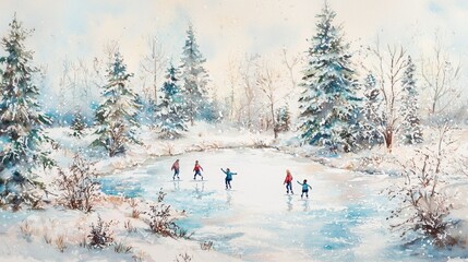 A group of children joyfully ice skating on a frozen pond in a winter landscape. Snow-dusted trees create a picturesque backdrop. The atmosphere is serene and festive