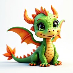 Fototapeta premium Cute baby dragon with wings illustration. Green cartoon fairy tale reptile monster. Mythological character with big eyes on white background. Colorful imaginary fairytale animal artwork for kids