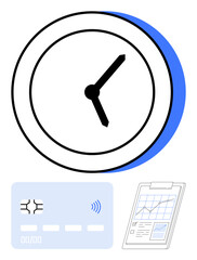 Clock signifies time tracking, with payment card for transactions and clipboard chart showing analytics. Ideal for business, finance, time management, productivity, analytics, planning, abstract line