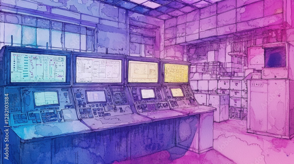 Poster a drawing of a room with four computer monitors and a keyboard