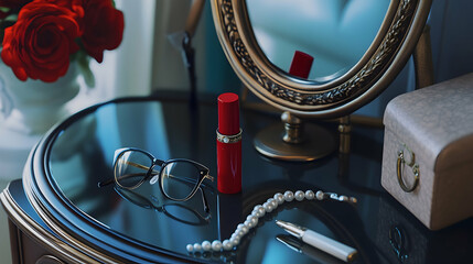 A stylish vanity table features a round mirror, a tube of red lipstick, reading glasses, and a pearl necklace, conveying elegance and sophistication