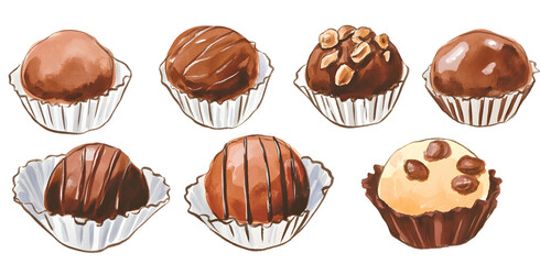 Assorted chocolate truffles in paper cups. Watercolor illustration isolated on transparent background. Sweet dessert collection for confectionery and packaging design