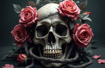 Gothic image of skull adorned with roses. Valentine love, death concept. Dark, romantic composition. Beauty, decay, mortality. Skull with flower good theme for gothic holiday like Halloween.