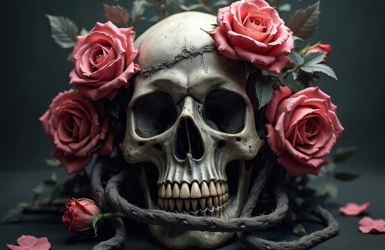 Gothic image of skull adorned with roses. Valentine love, death concept. Dark, romantic composition. Beauty, decay, mortality. Skull with flower good theme for gothic holiday like Halloween.