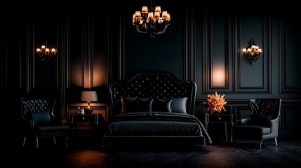 Elegant dark bedroom interior featuring a luxurious bed, stylish furniture, and ambient lighting